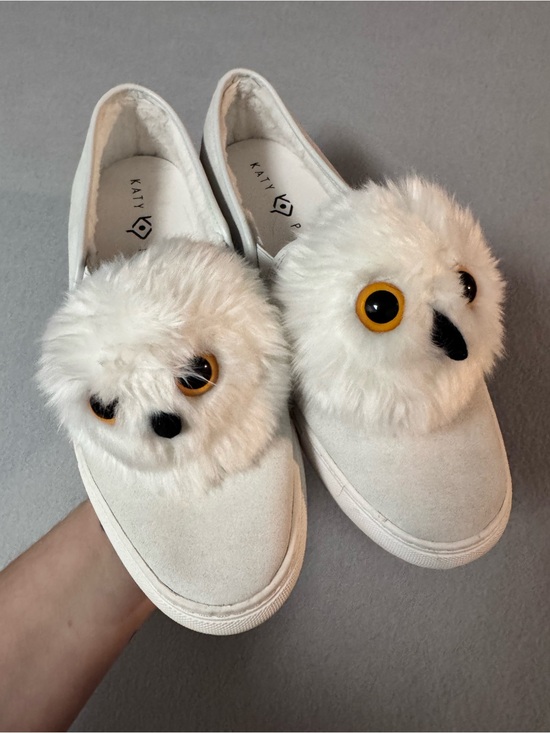 Katy Perry Collections Shoes - Katy Perry White Owl Pom Slip-On Sneakers with Yellow Eye Detail Womens size 8